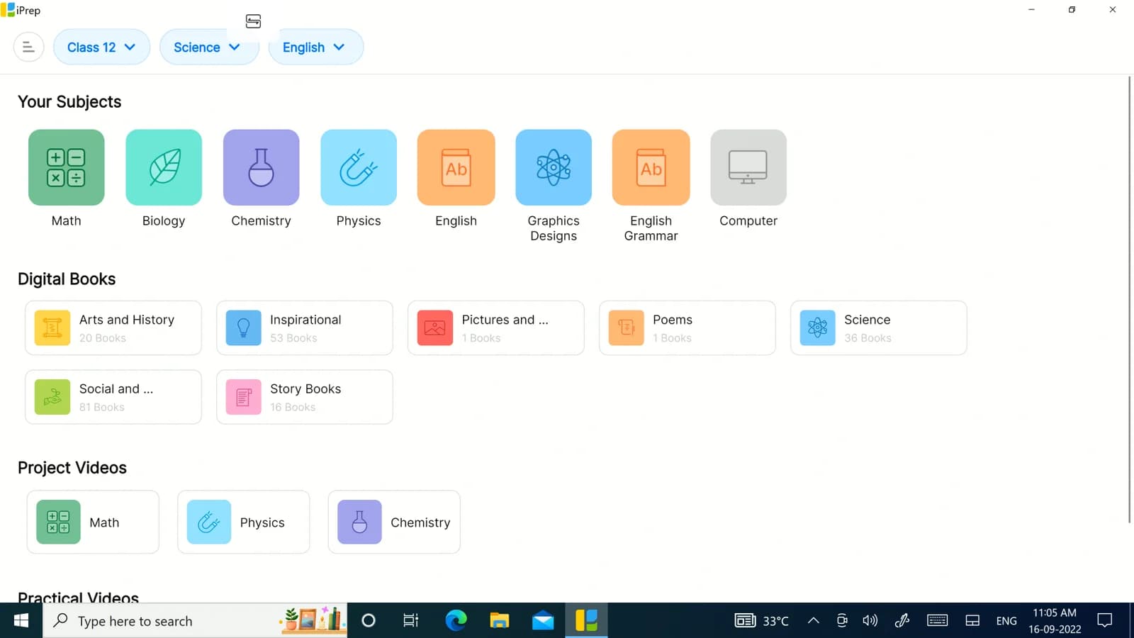 iPrep learning app subjects and digital books on a smart display