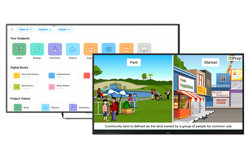 Smart classroom screens showing iDream digital lessons on a TV and tablet