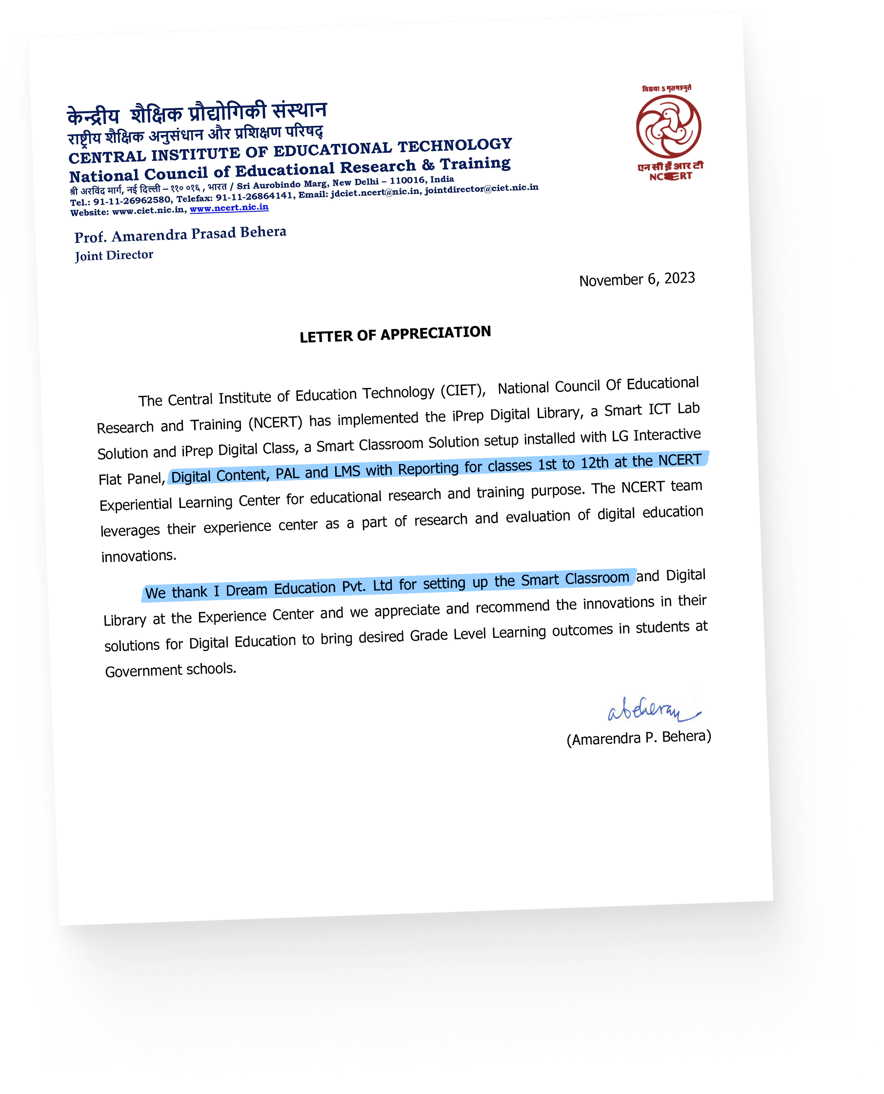 Letter of appreciation and recommendation from NCERT