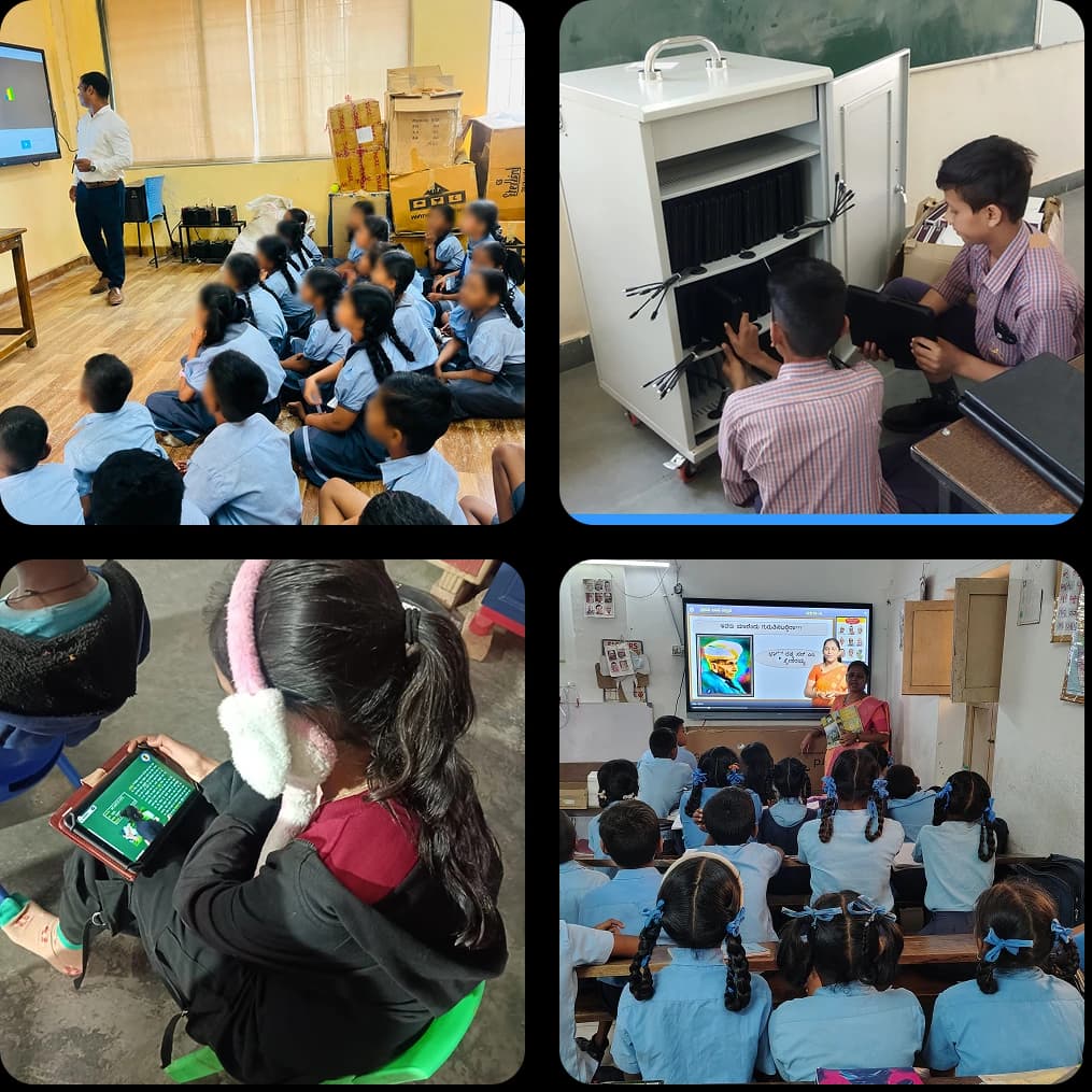 Government school classroom with students learning on a digital display