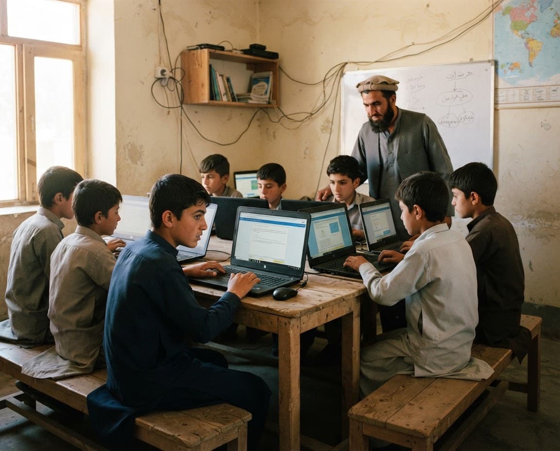 Students in Afghanistan using offline digital learning devices