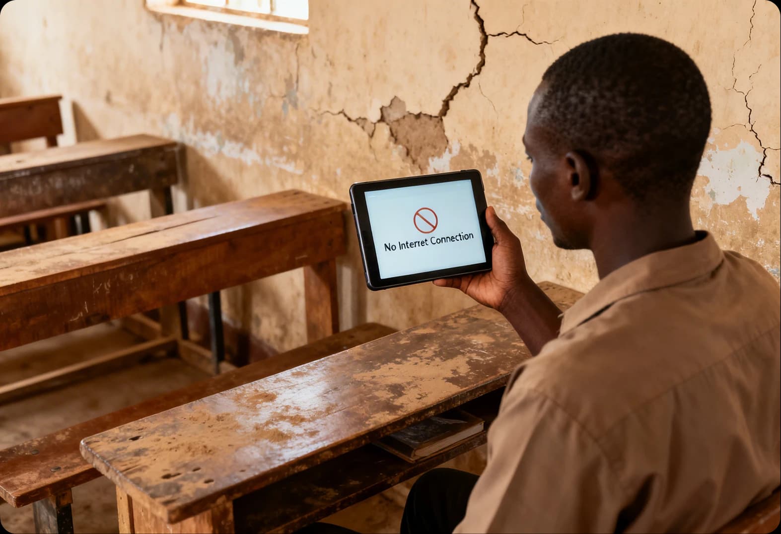 A learner with a tablet showing no internet connection