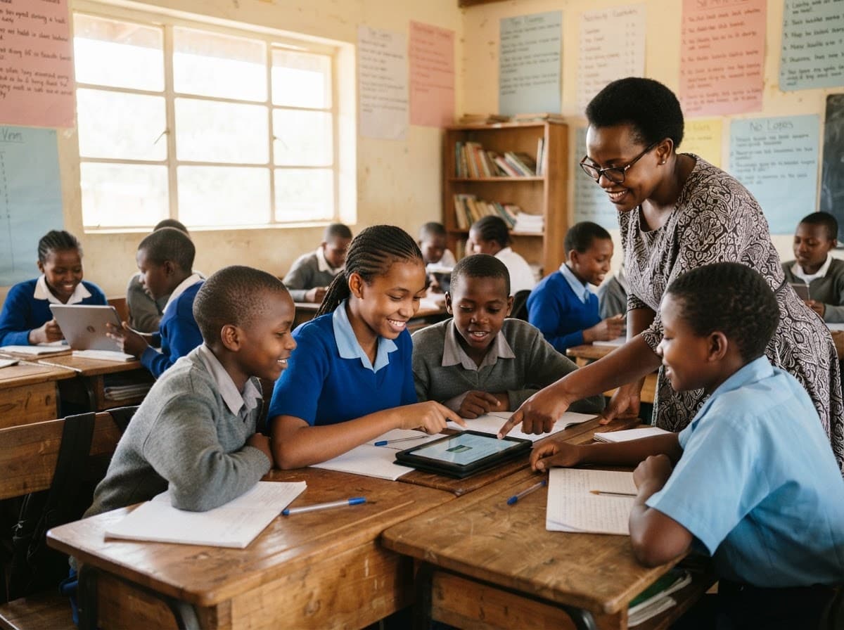 Students learning with digital devices in a classroom