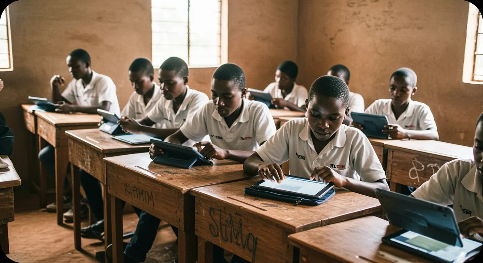 Students using tablets in a classroom
