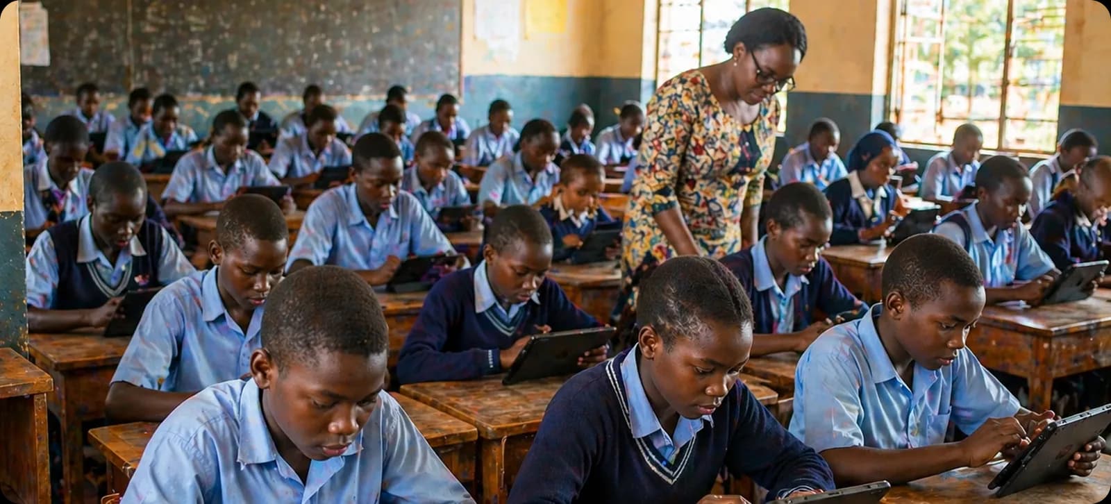 Learners using tablets in a large school classroom