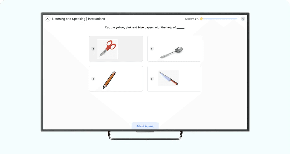 FLN assessment question shown on a Smart TV running iPrep