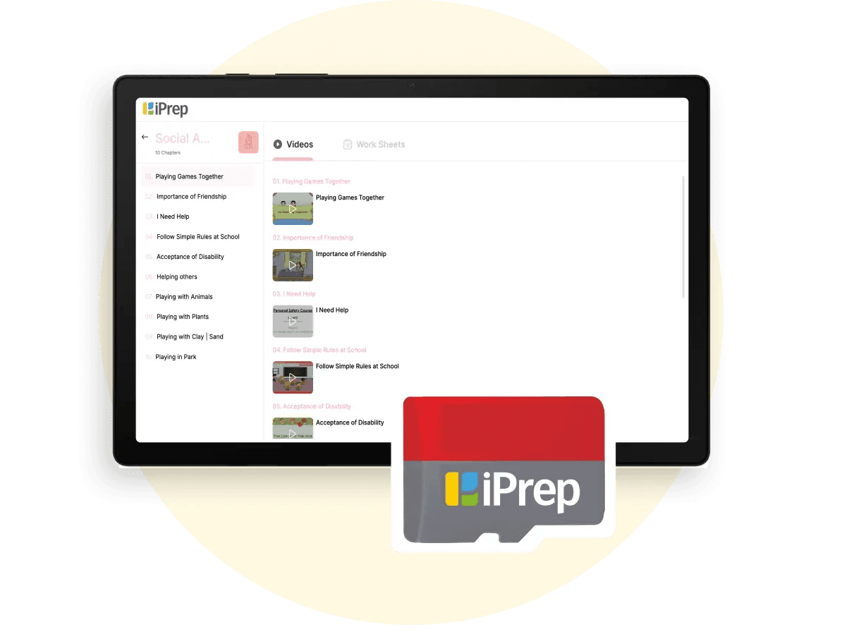 Tablet running the offline iPrep app, with an SD card containing the FLN content