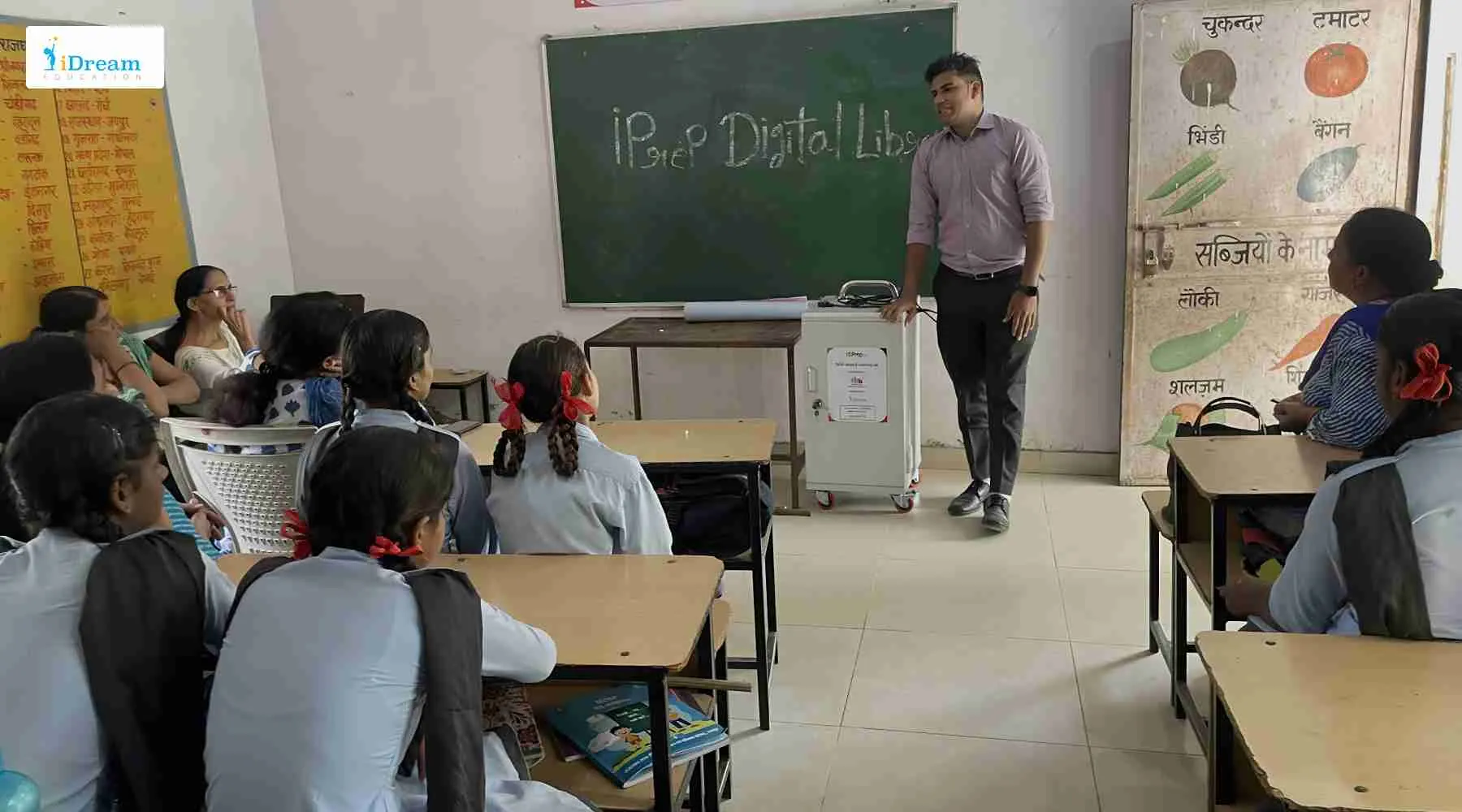 Digital library setup in a school of Rajasthan implemented by iDream Education, featuring storage and charging racks with tablets